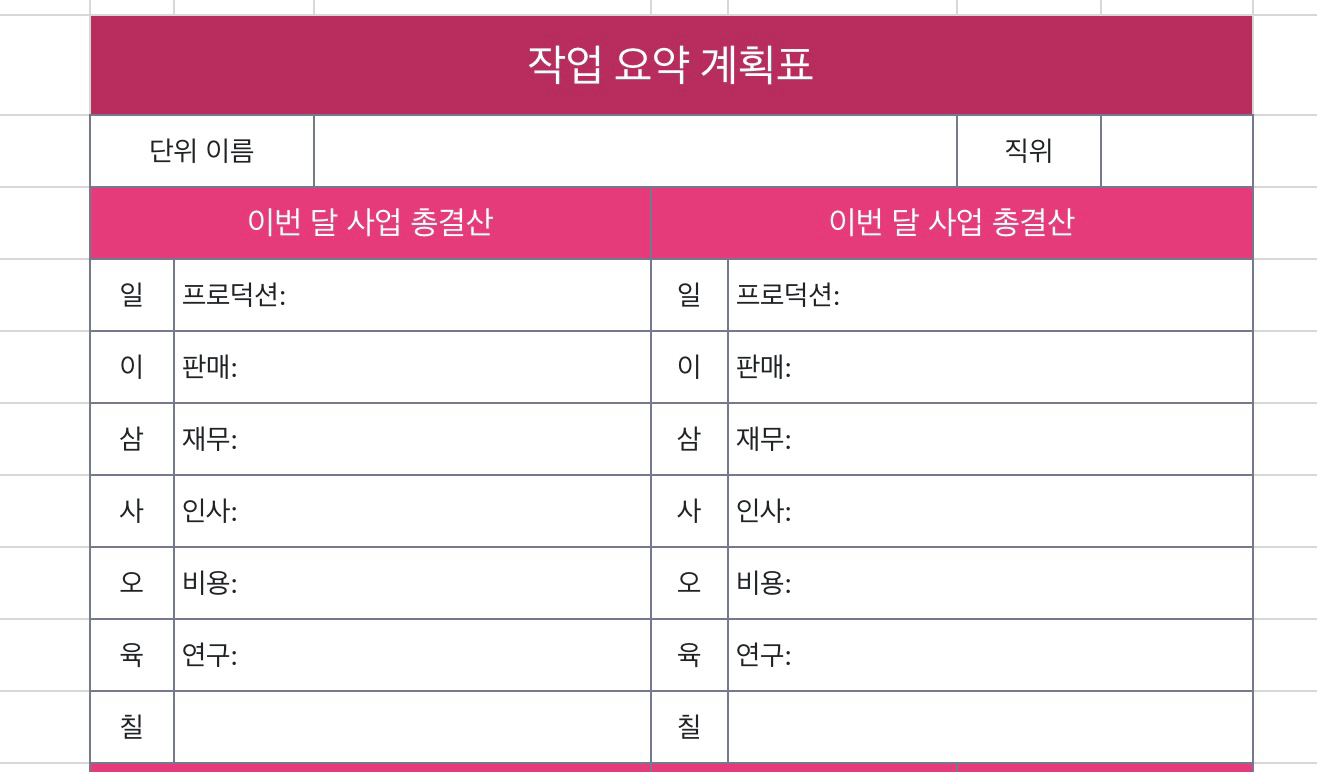 작업 요약 계획표